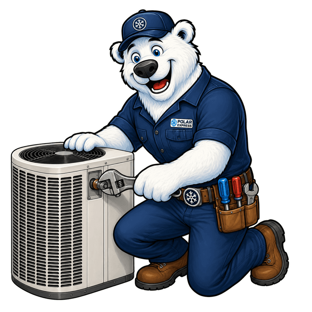 Polar Express technician mascot repairing an outdoor air conditioning unit