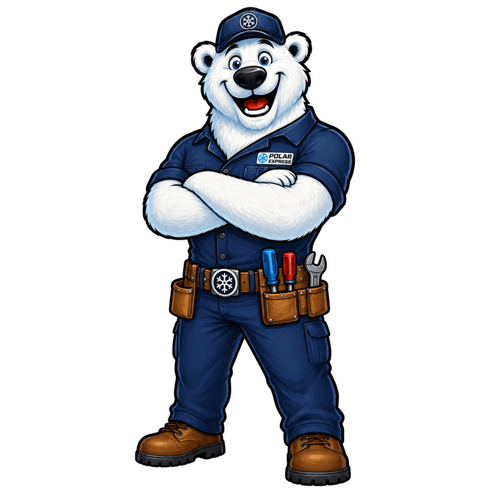 Polar Express technician mascot standing confidently with arms crossed