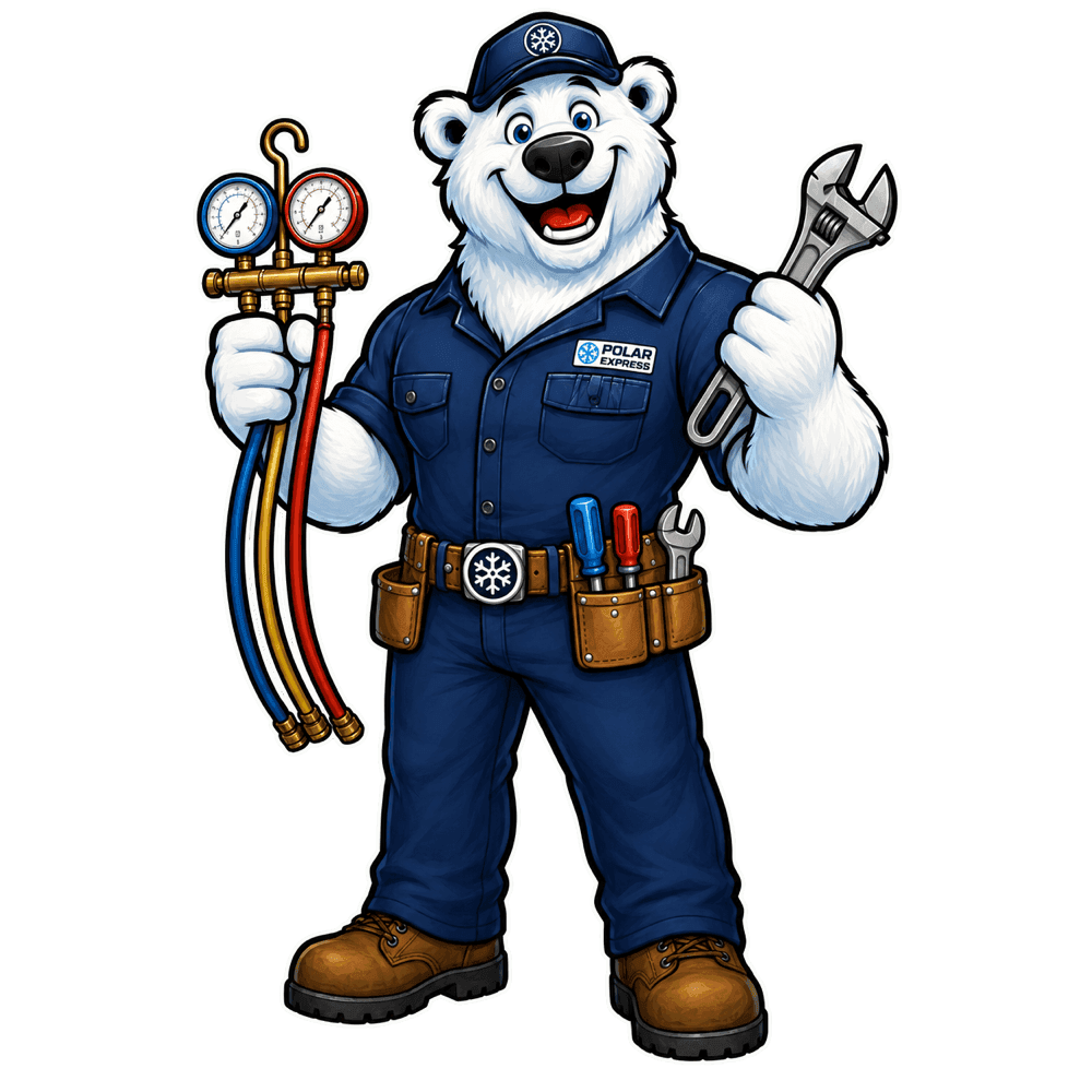 Polar Express polar bear technician holding HVAC service gauges
