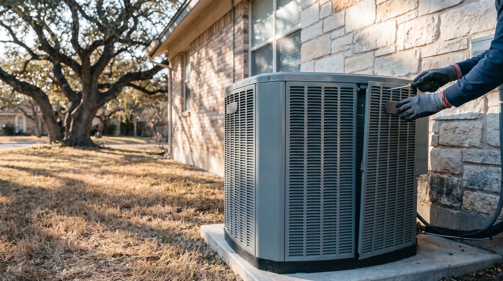 Technician opening the service panel of an outdoor AC unit beside a limestone San Antonio home